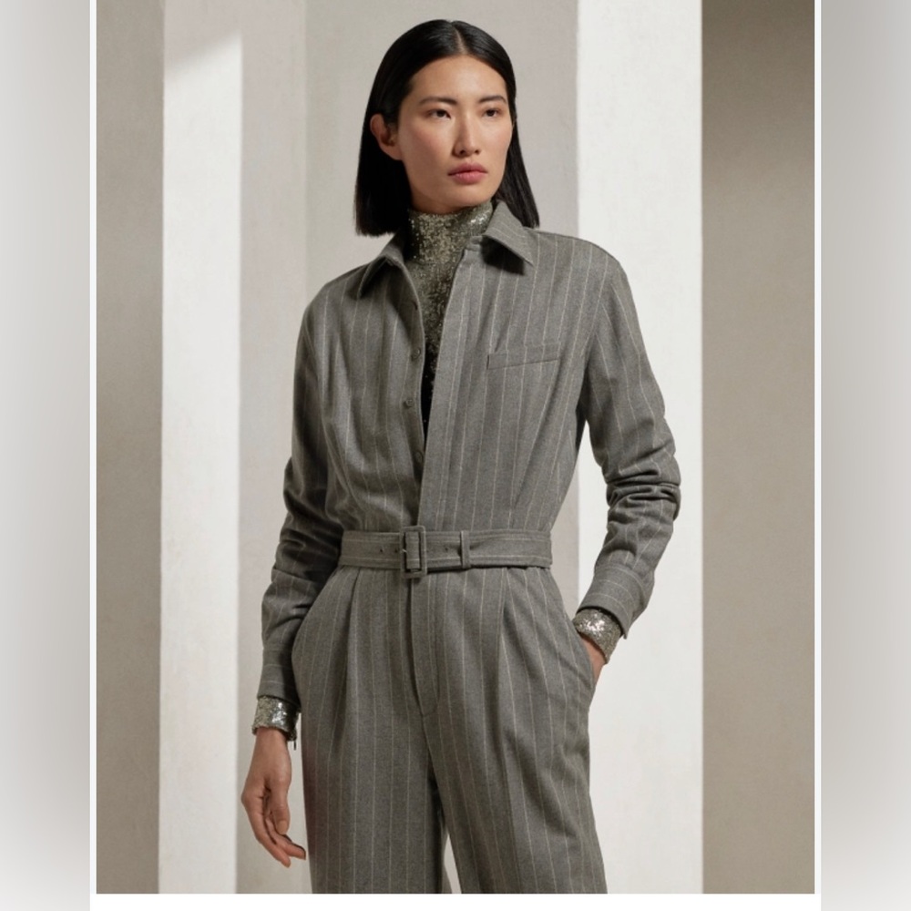 Ralph Lauren Gray Pinstripe Belted Jumpsuit